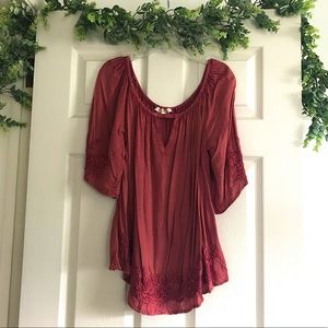 Red Burgundy Off the Shoulder Embroidered Top